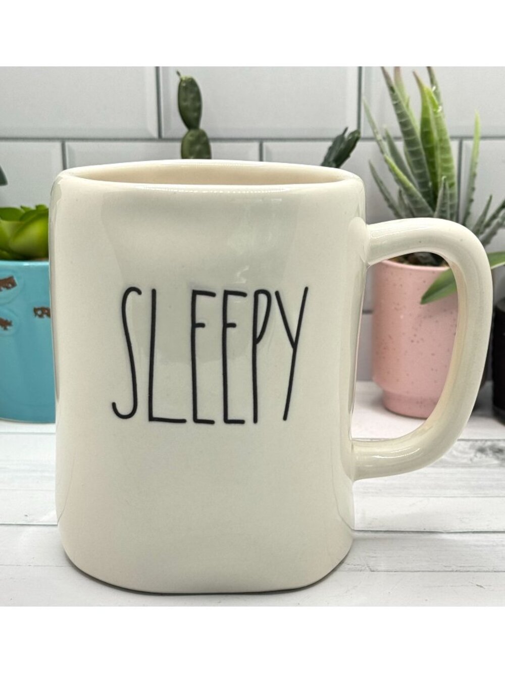 Rae Dunn Artisan Collection Ceramic "Sleepy" Mug White 16 Oz Unique Irregular Sh